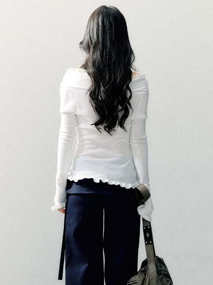 Off-Shoulder Ruffle Trim Fitted Knit Base Layer