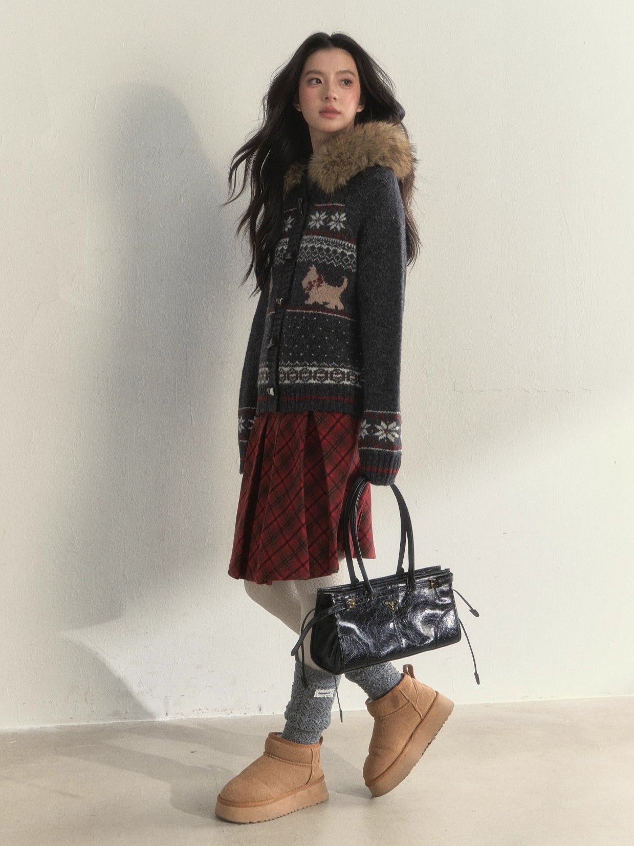 Charcoal Fair Isle Puppy Faux Fur Collar Knit Jacket