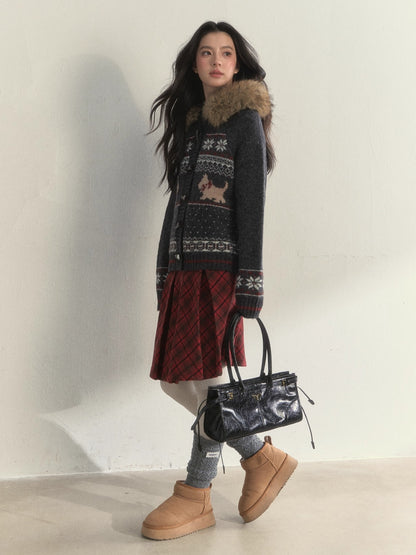 Charcoal Fair Isle Puppy Faux Fur Collar Knit Jacket