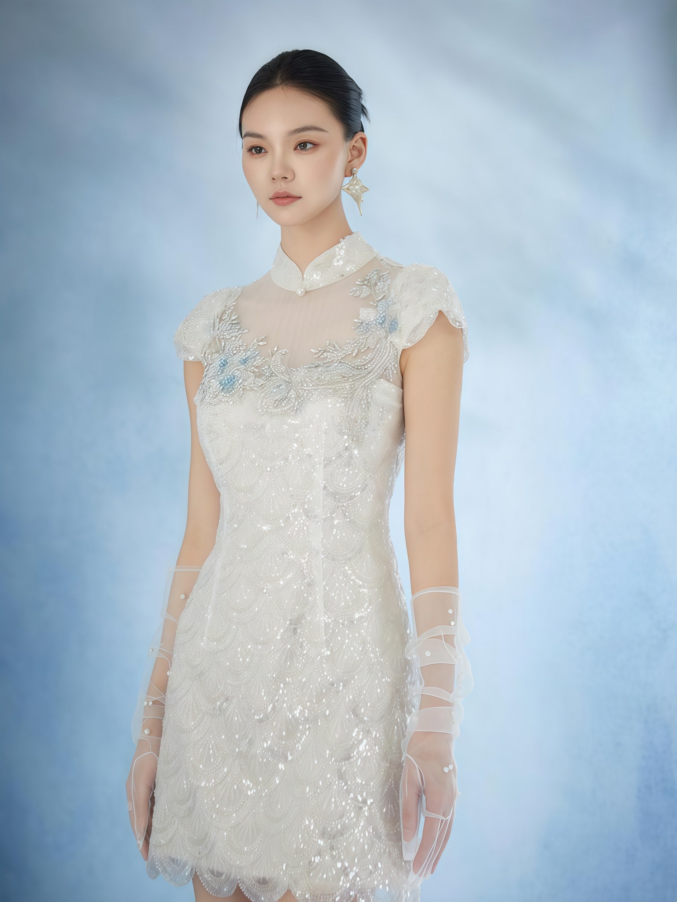 Ivory Embroidered Sheer Panel Mandarin Collar Mini Dress