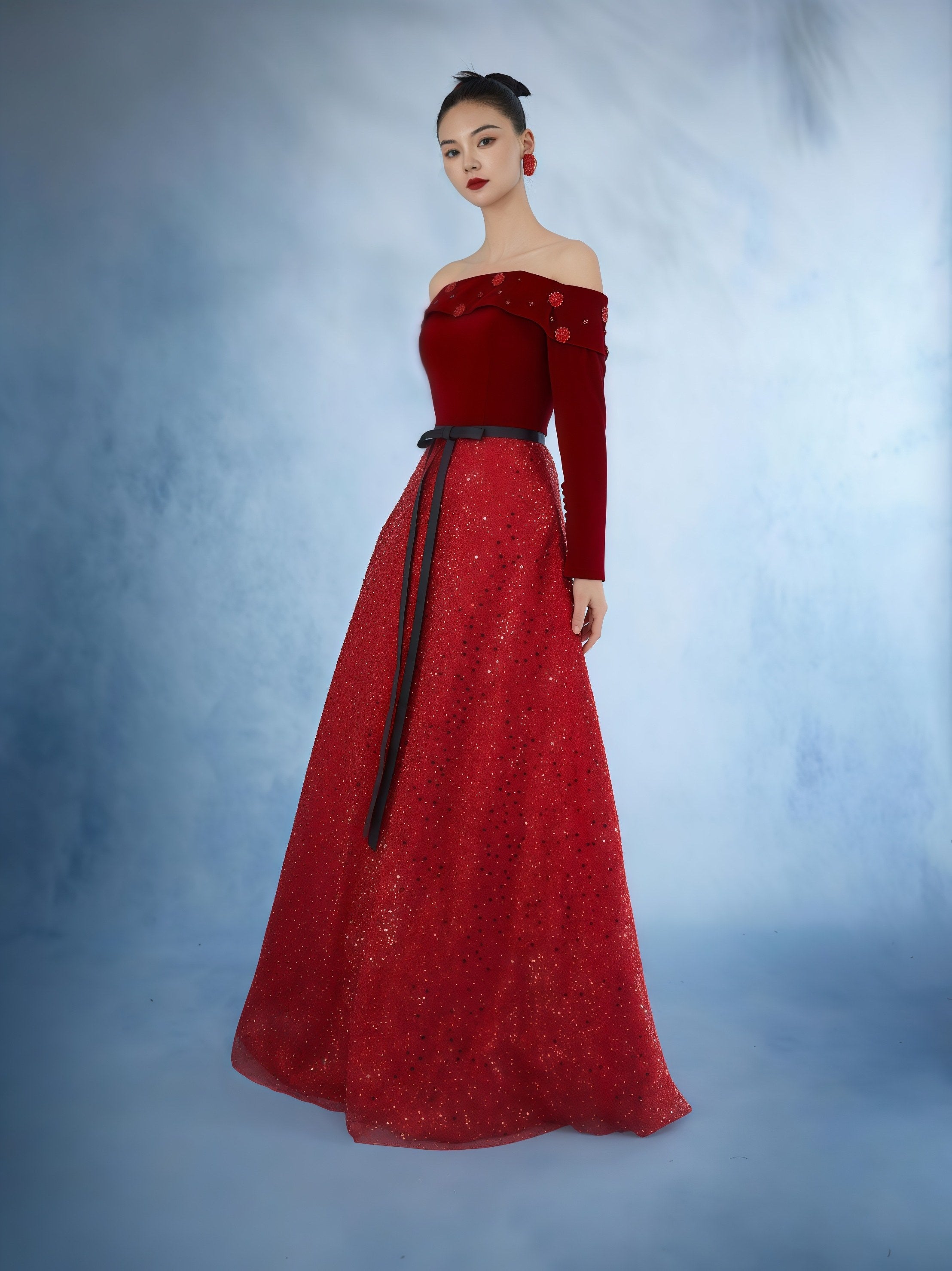 Scarlet Velvet Sequin Panel Evening Gown
