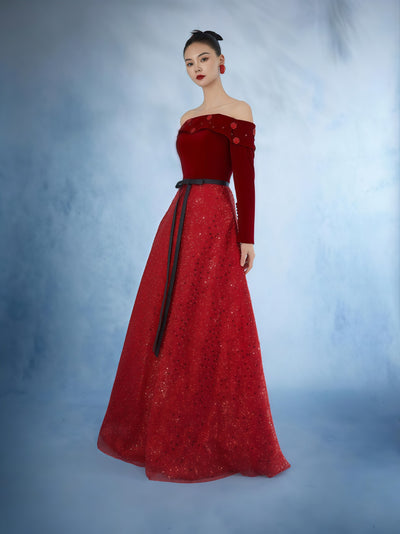 Scarlet Velvet Sequin Panel Evening Gown