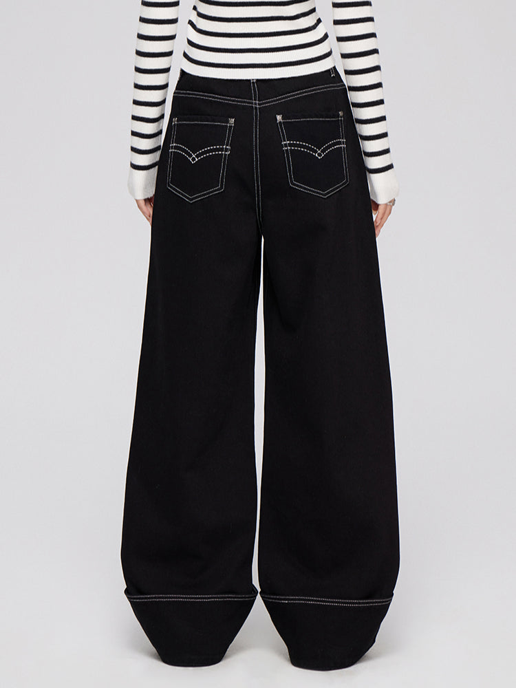 Cuffed Denim Wide-Leg Pants