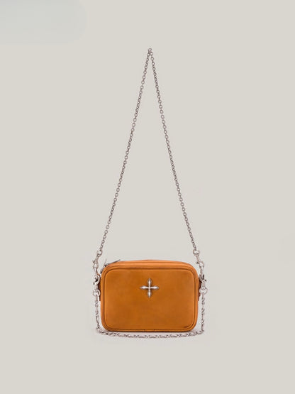 Compass Badge Patina Leather Shoulder Bag Medium Caramel Patina