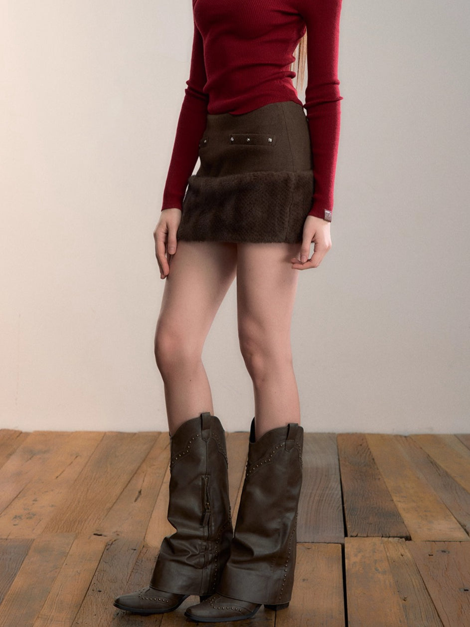 Faux Fur-Trimmed Wool Blend Mini Skirt