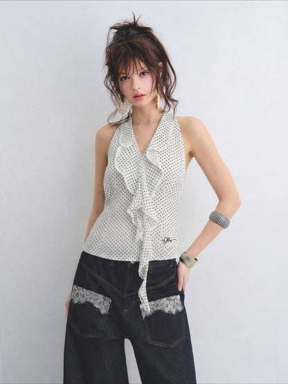 Polka Dot Lace Ruffle V-Neck Camisole