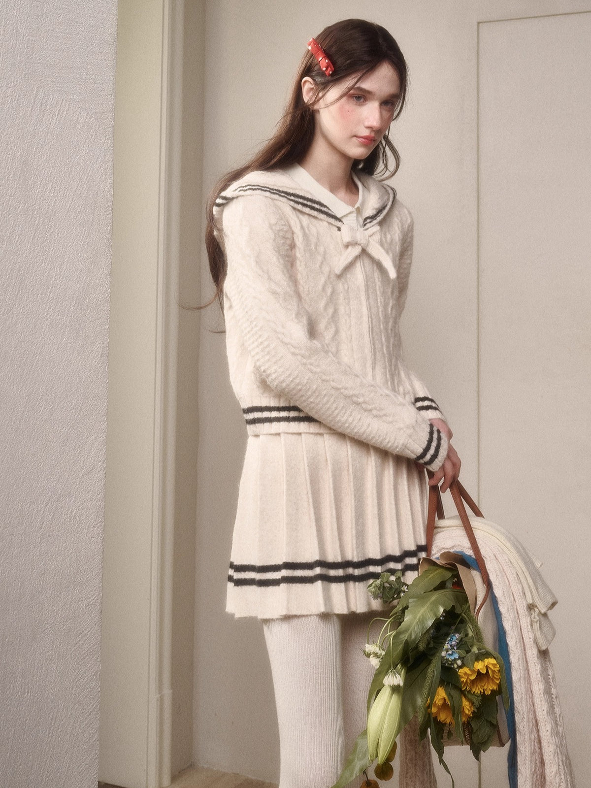 White Philosophy Wool Cloud Cable-Knit Cardigan &amp; Pleated Skirt Set