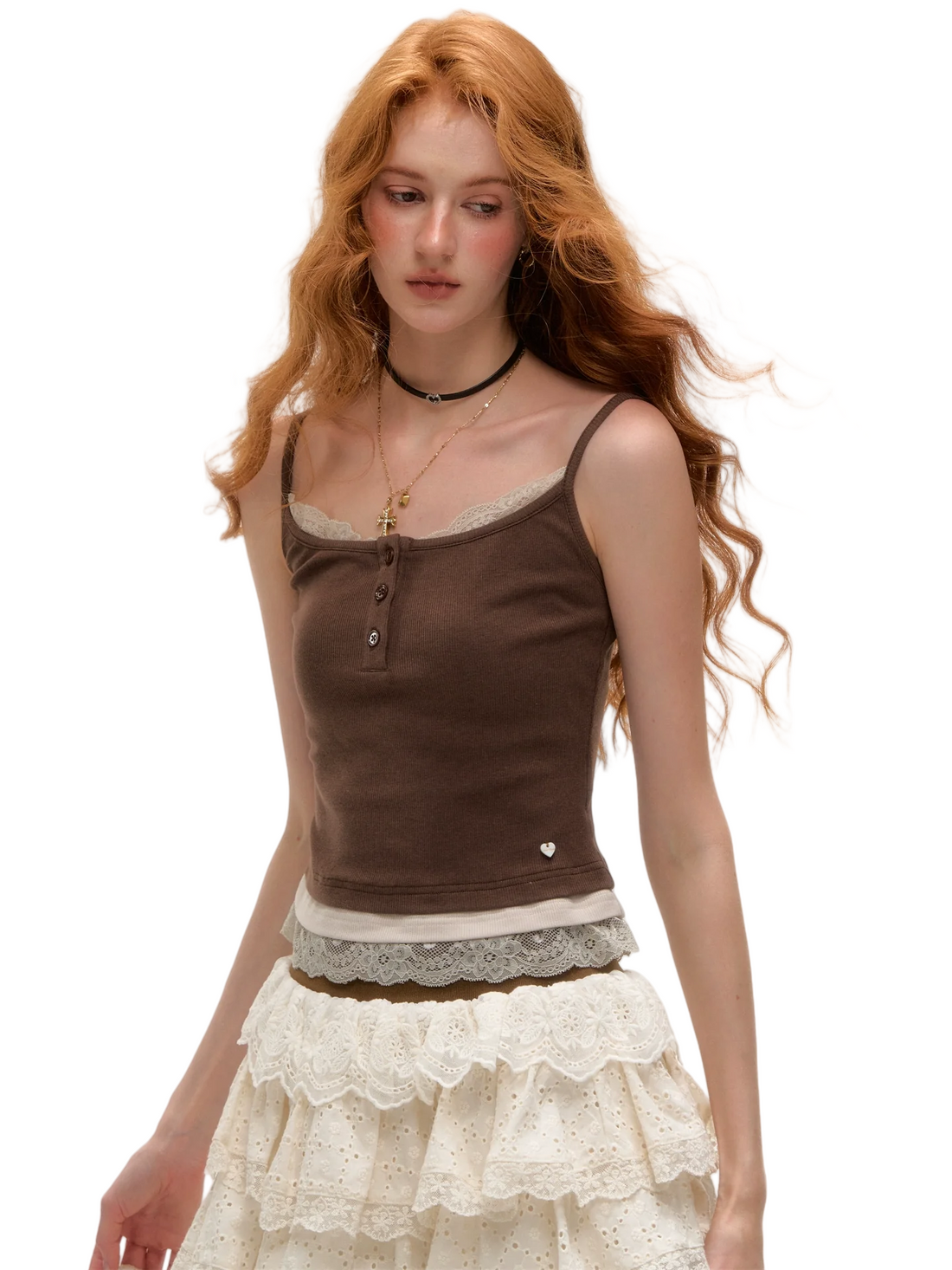 Lace Trim Layered-Effect Contrast Tank Top