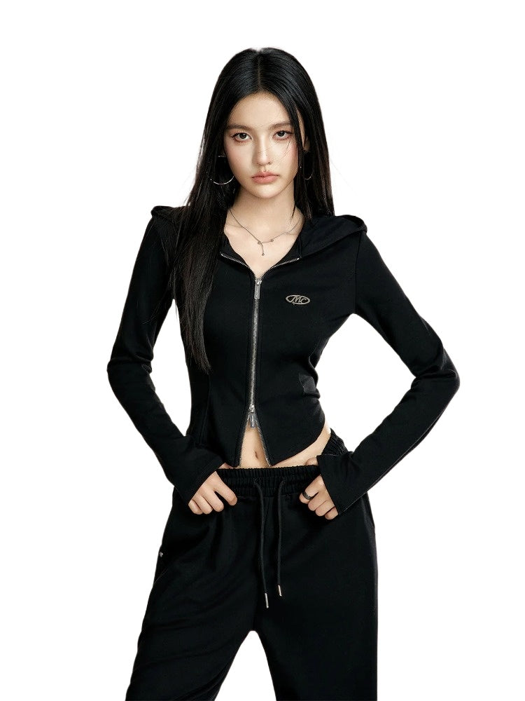 Black &amp; White Hooded Long-sleeve Zip-up Jacket &amp; Pants Set