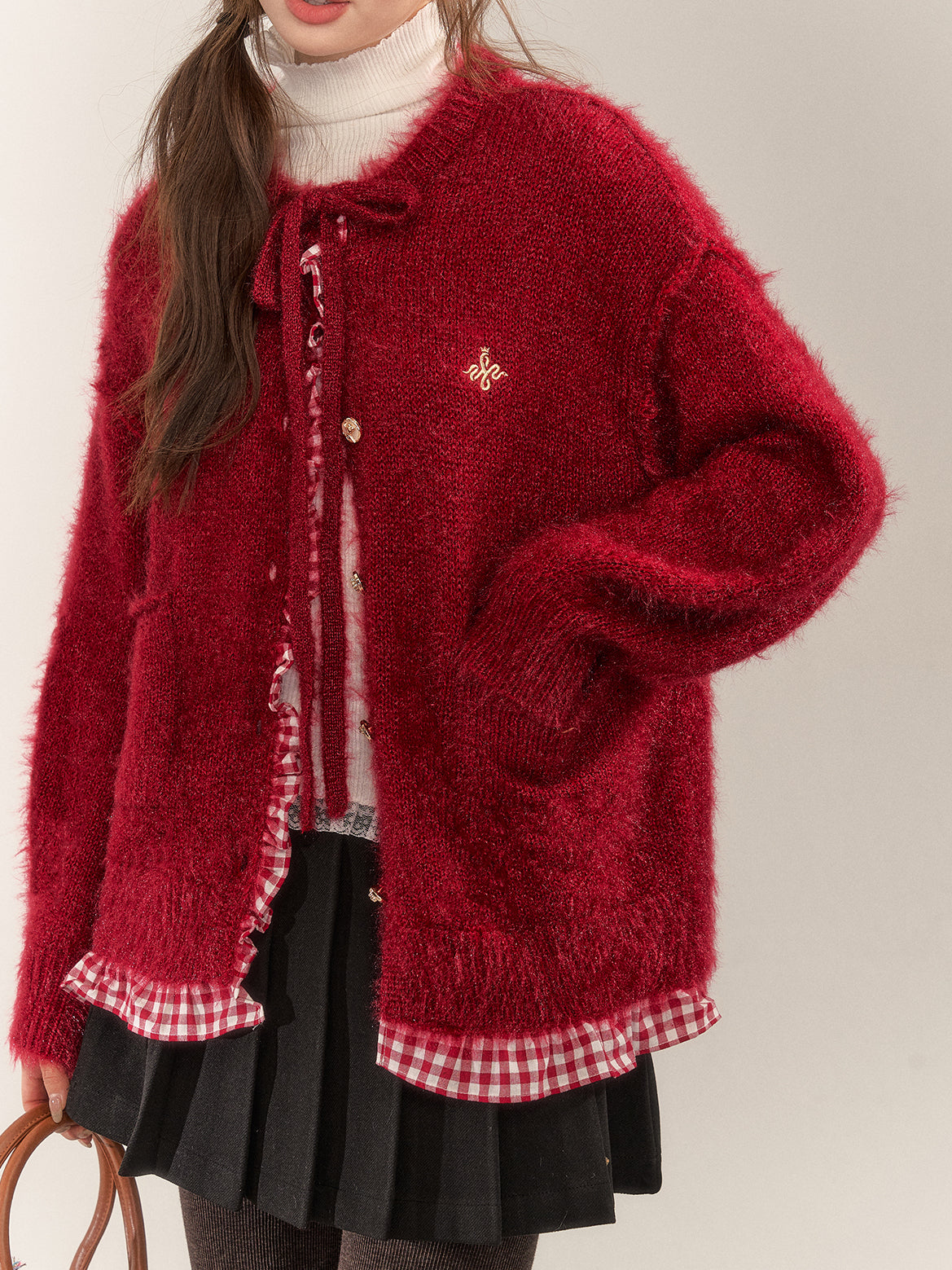 Red Plaid Faux Two-Piece Knit Cardigan