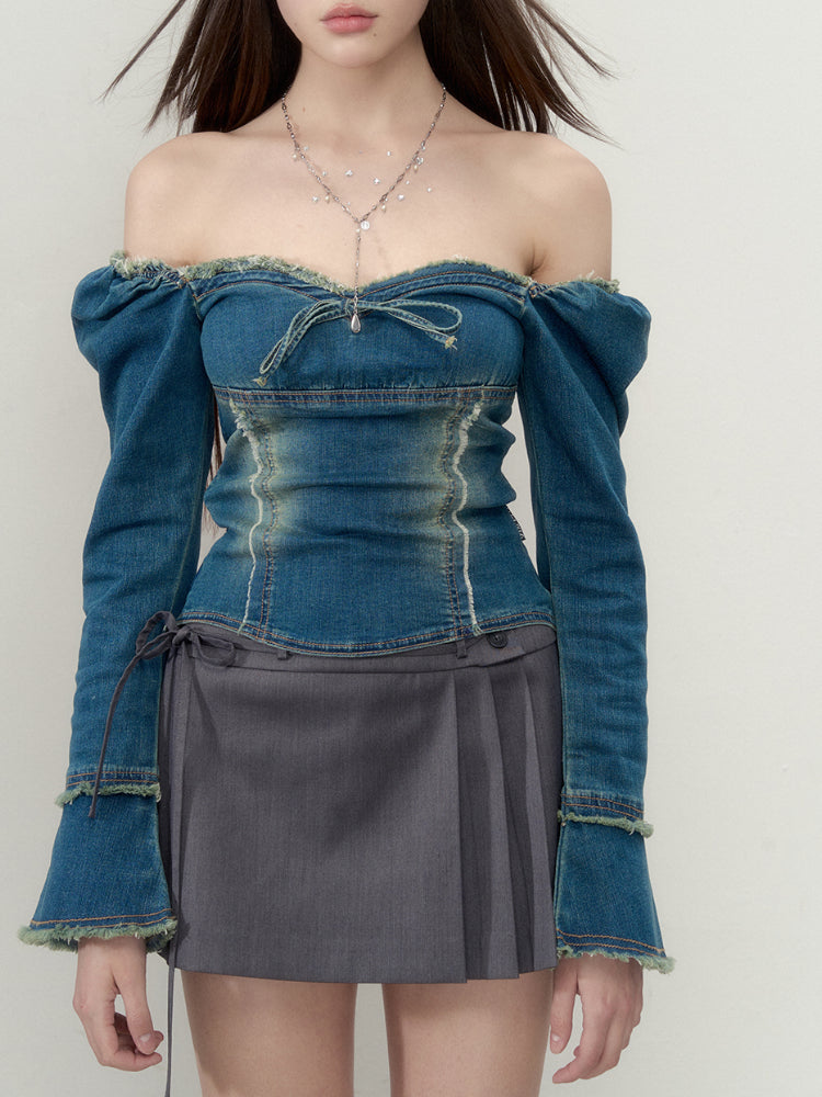 Waist Cinch Frayed Two-Way Soft Denim Top