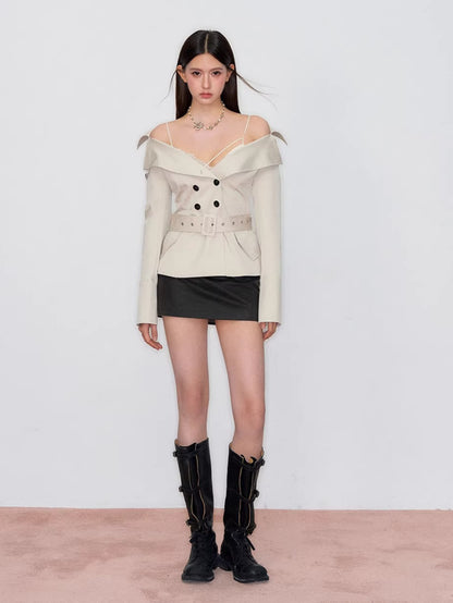 Off-Shoulder Belted Double-Breasted Blazer