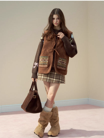 Mocha Fair Isle Reversible Tie-Front Shearling Vest