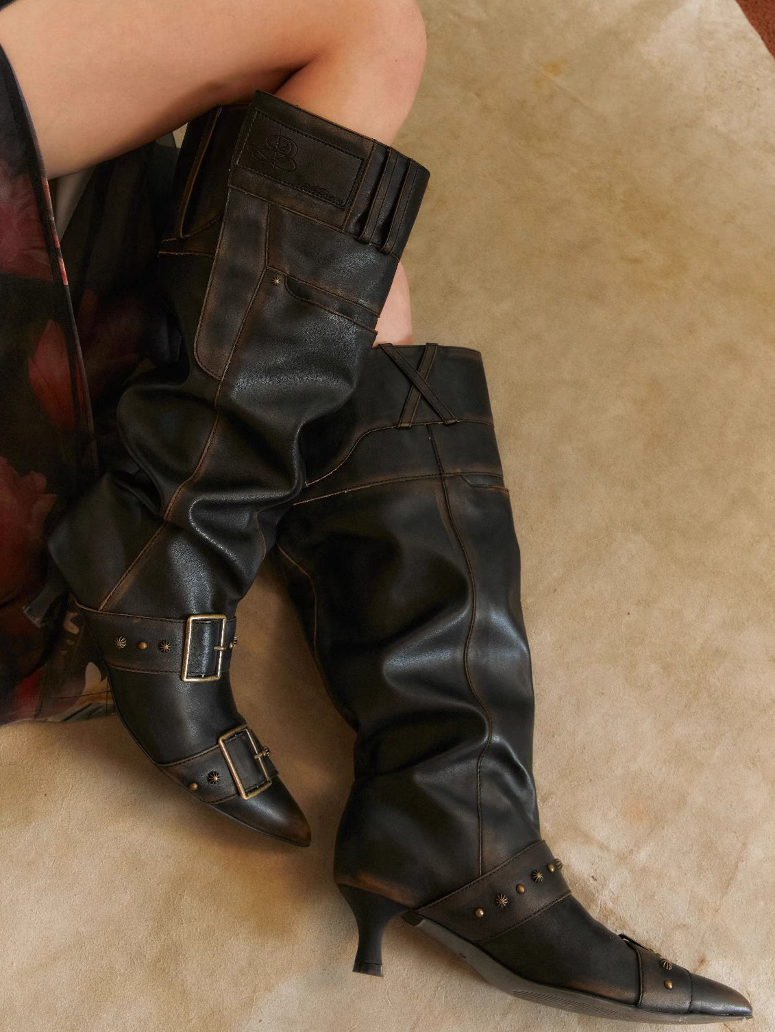 Distressed PU Knee-High Slouch Boots