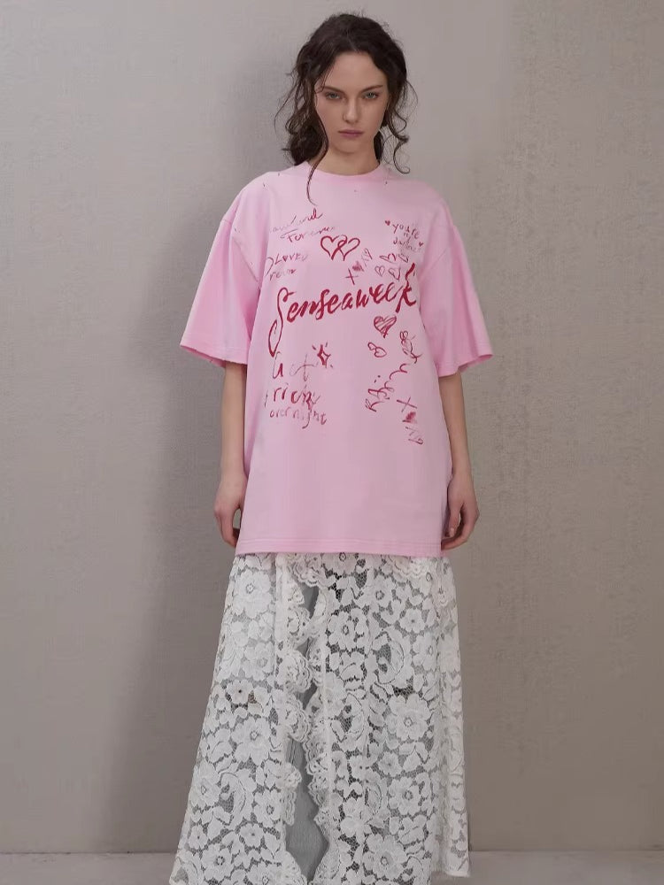 Letter Print Distressed Oversized T-Shirt