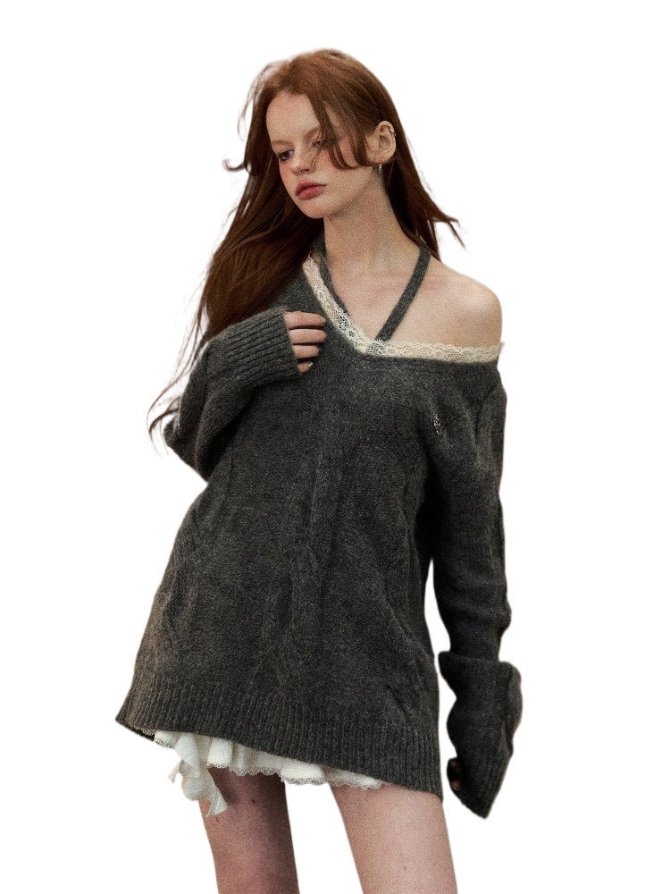 Gray Lace Halterneck Sweater