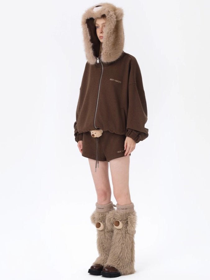 Detachable Plush Collar Hooded Jacket