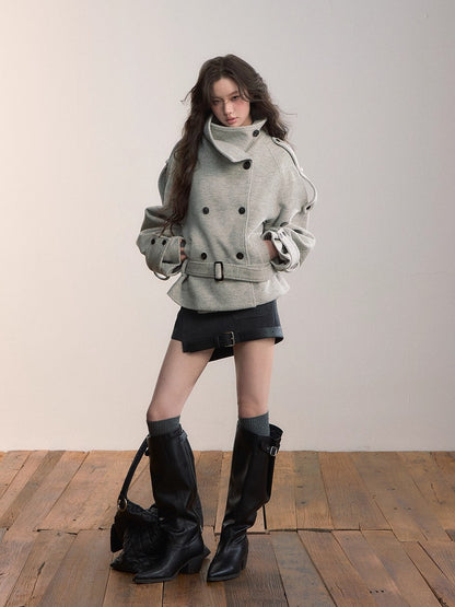 Contrast Double-Breasted Wool-Blend Belted Jacket