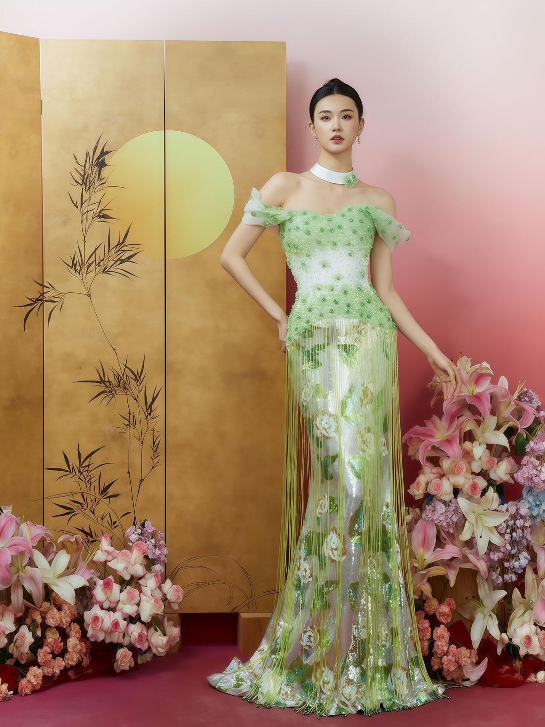 翠绿花朵串珠露肩流苏礼服