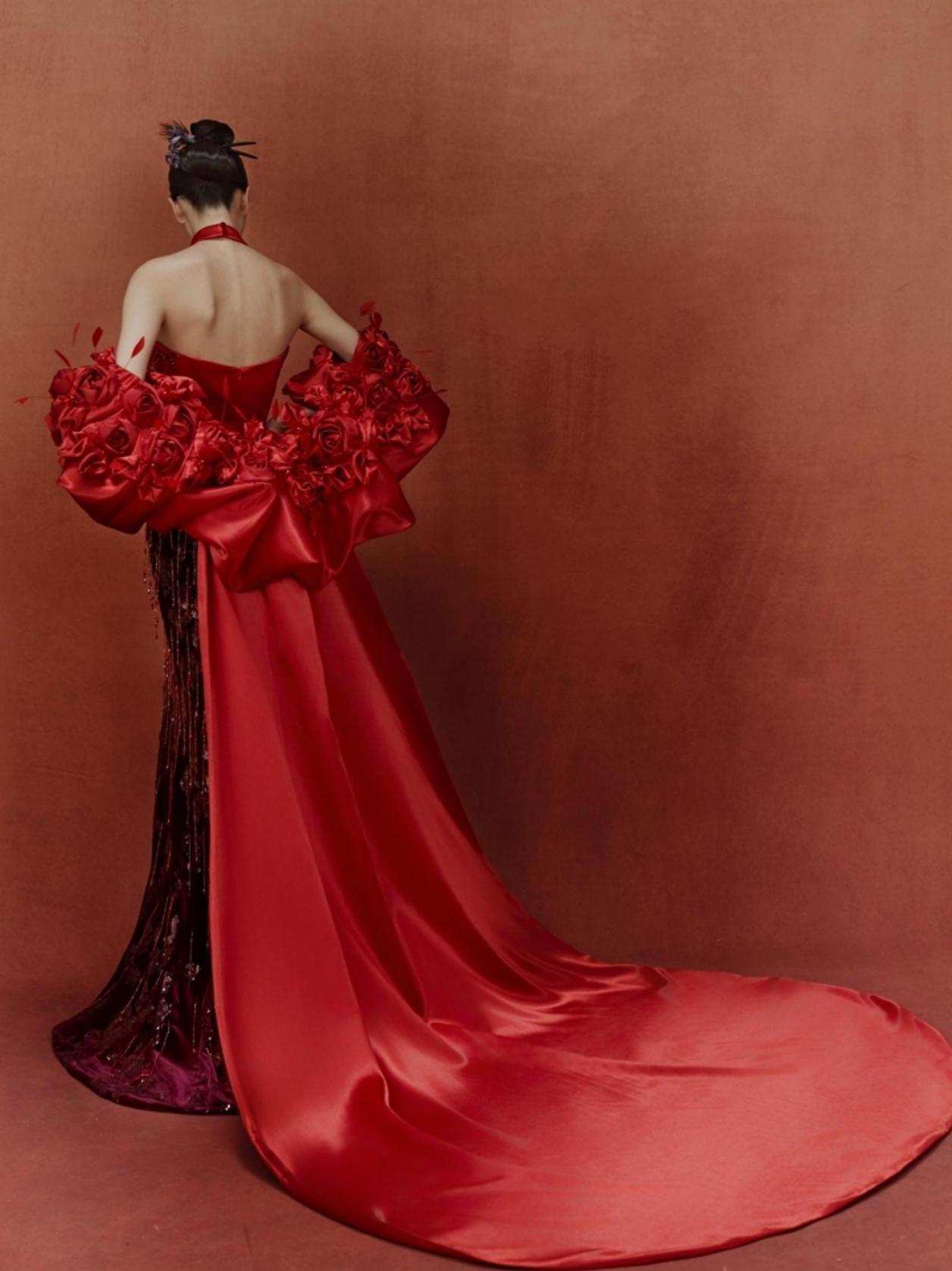 Crimson Couture Rose Embellished Detachable Train Gown