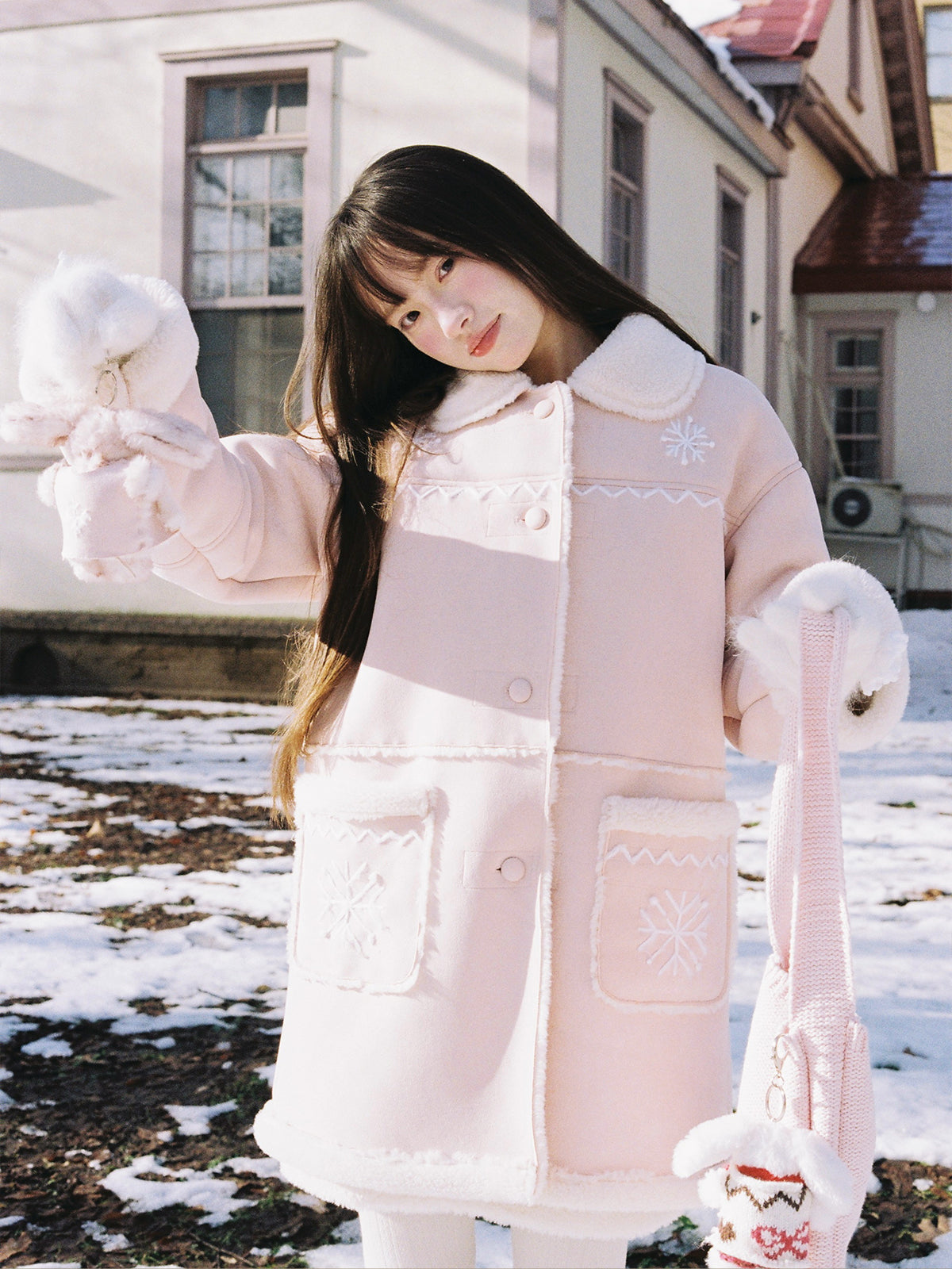 Pink Snowflake Embroidered Faux Shearling Coat