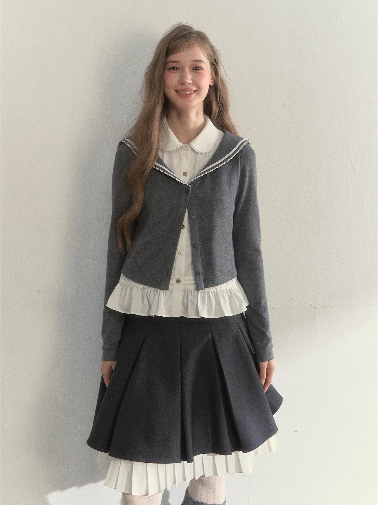 Sailor Collar Academia Style Layered Knit Blouse