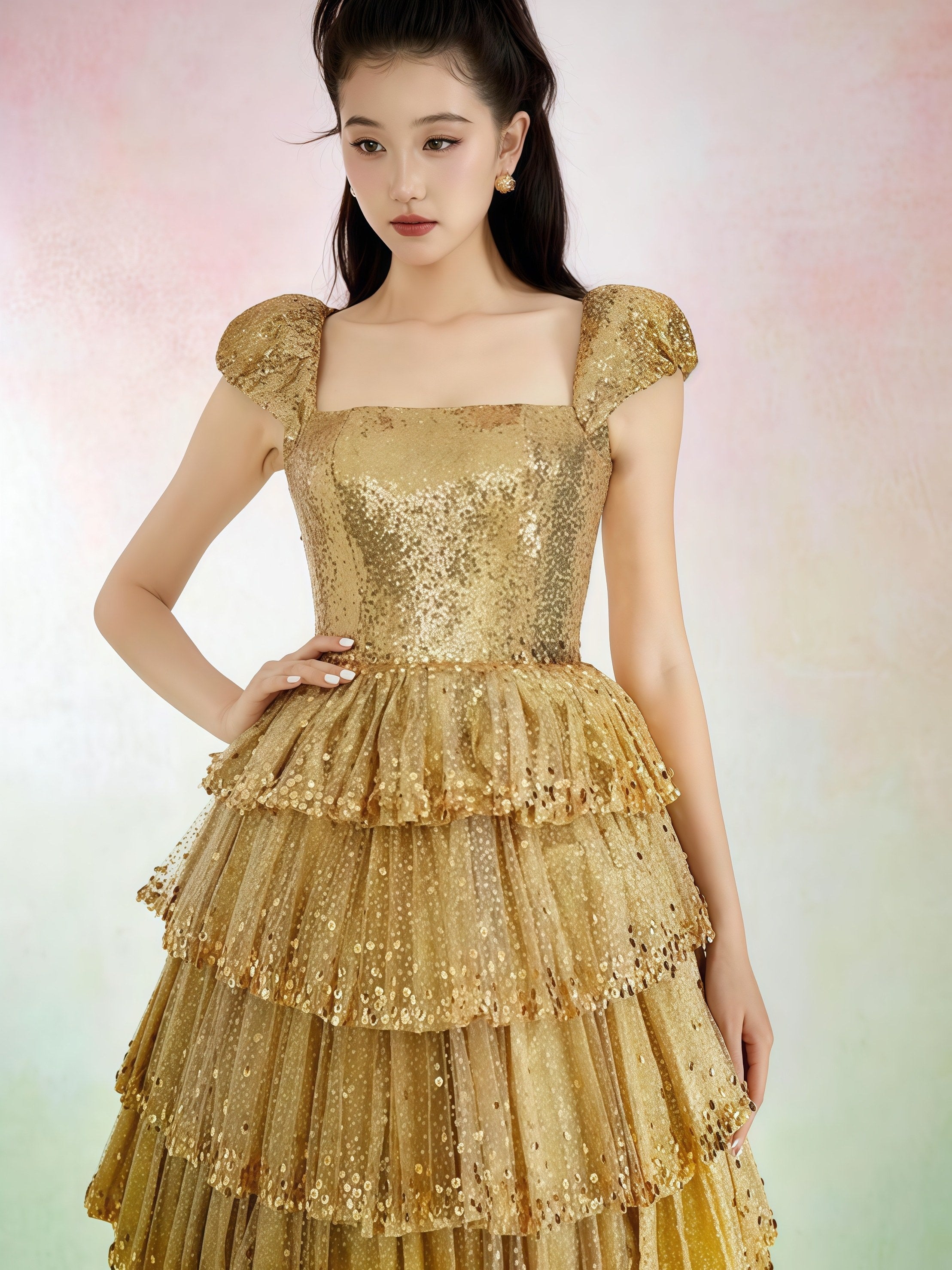 Golden Tiered Sequin Princess Mini Dress