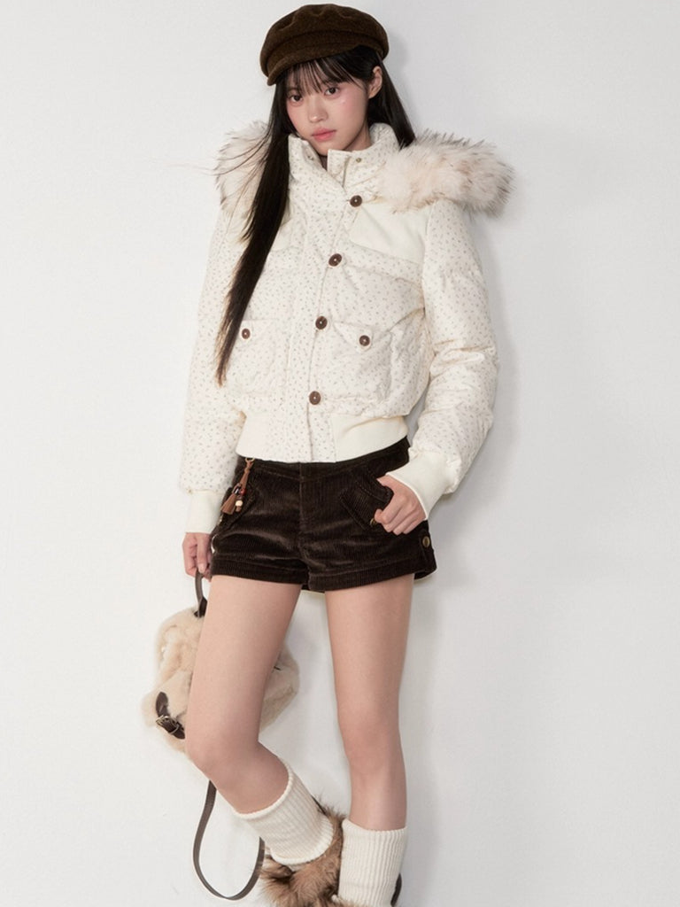 Fuzzy Plaid Down Faux Fur Collar Jacket