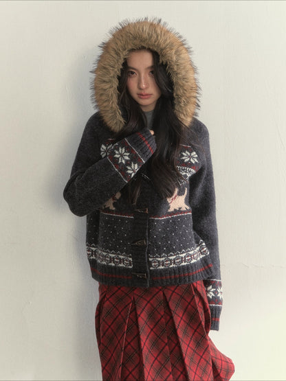 Charcoal Fair Isle Puppy Faux Fur Collar Knit Jacket