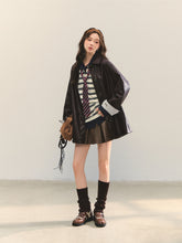 Black H-shaped Cuff Checkered Spliced Leather Jacket - CHINASQUAD