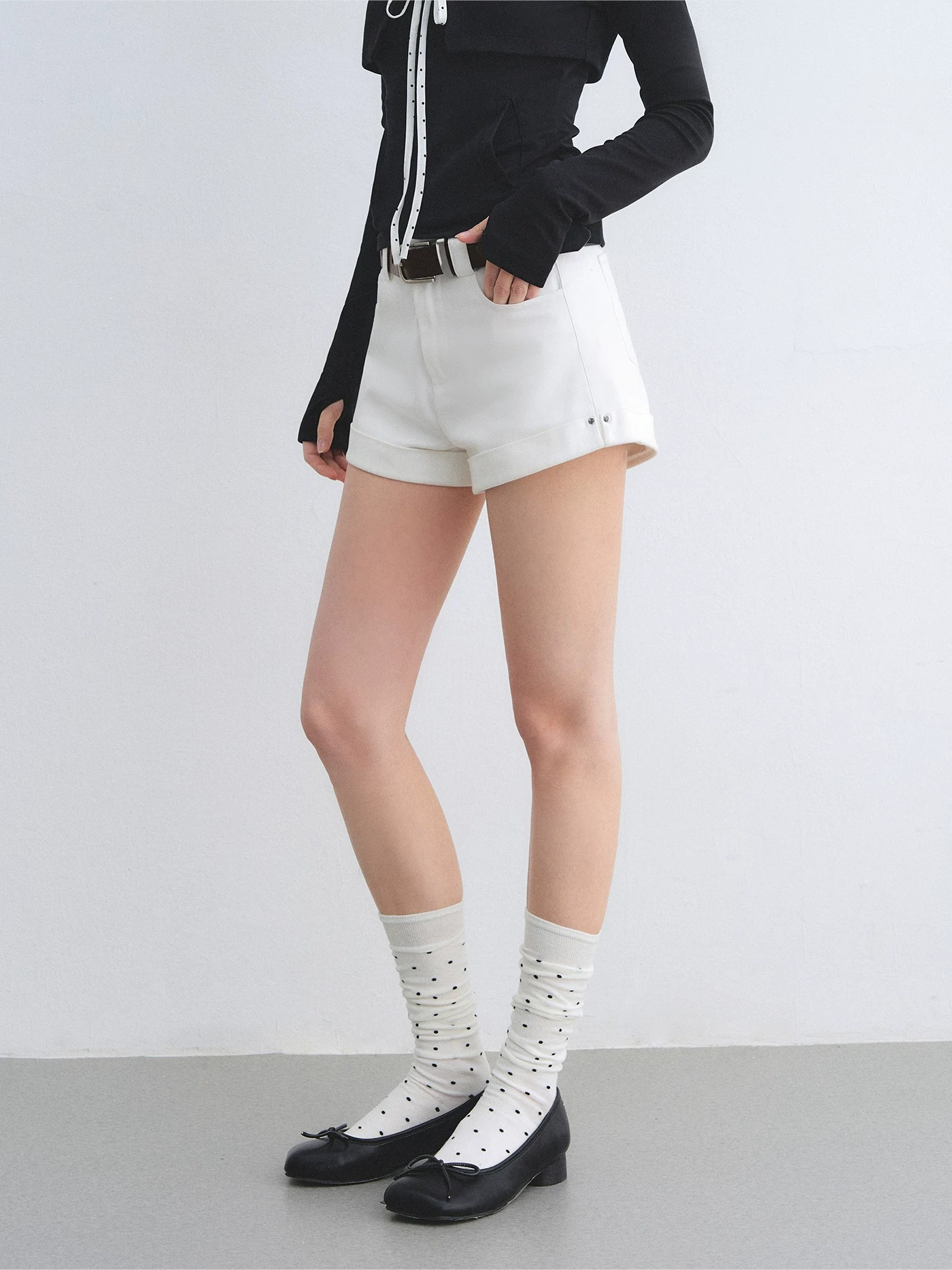 High-Waisted Straight-Leg Denim Shorts with Rolled Hem