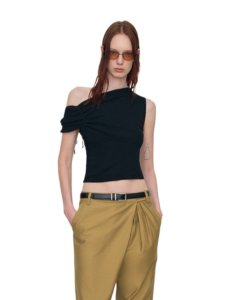 Asymmetric Drawstring Ruched One-Shoulder Blouse