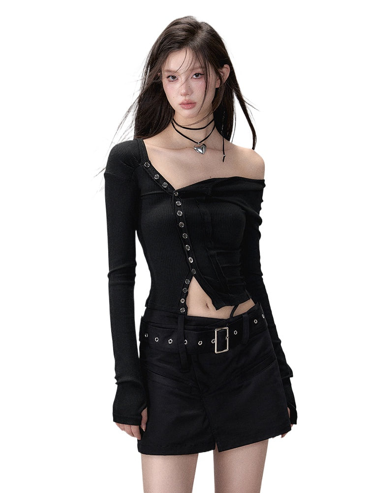 Black &amp; Brown Buttoned Off-shoulder T-Shirt