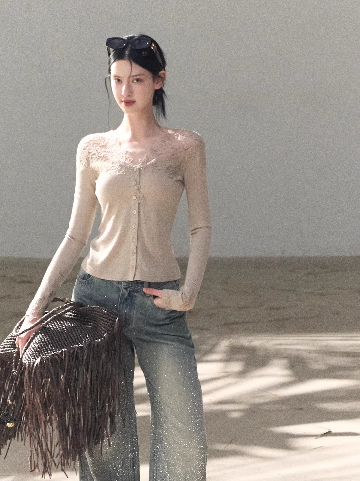 Sculpted Lace-Trim V-Neck Fitted Knit Cardigan