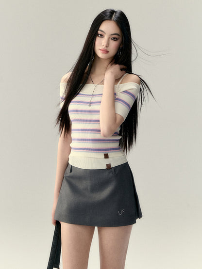 Striped Off-Shoulder Knit Short-Sleeve T-shirt