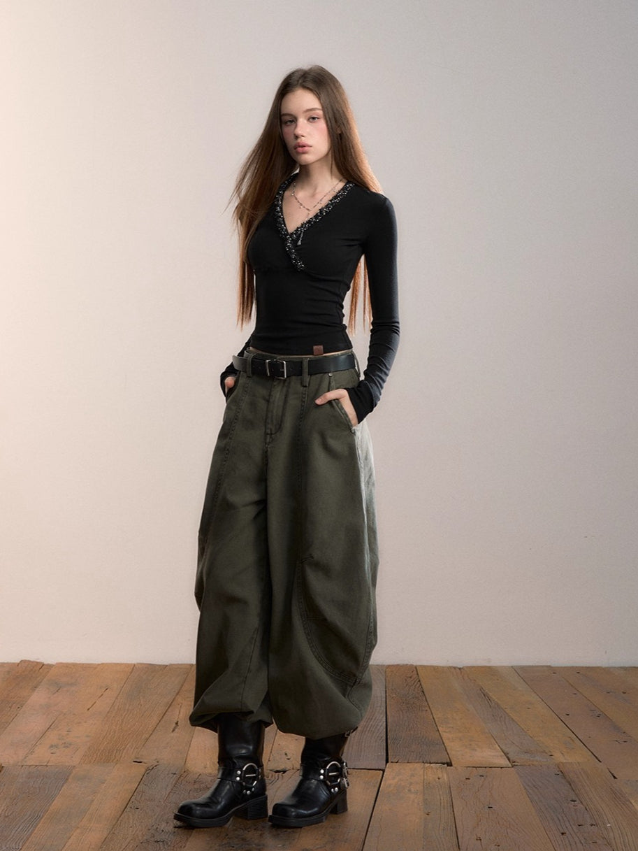 Army Green Relaxed Wide-Leg Pants
