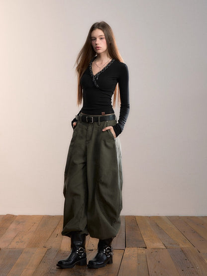 Army Green Relaxed Wide-Leg Pants