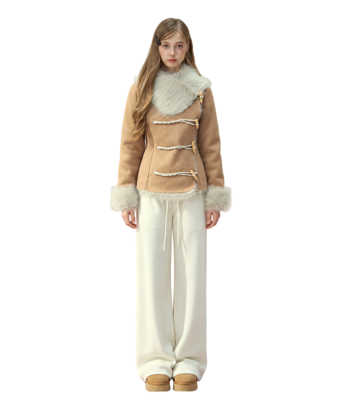 Cappotto vintage in finta pelle scamosciata e pelliccia sintetica con alamari