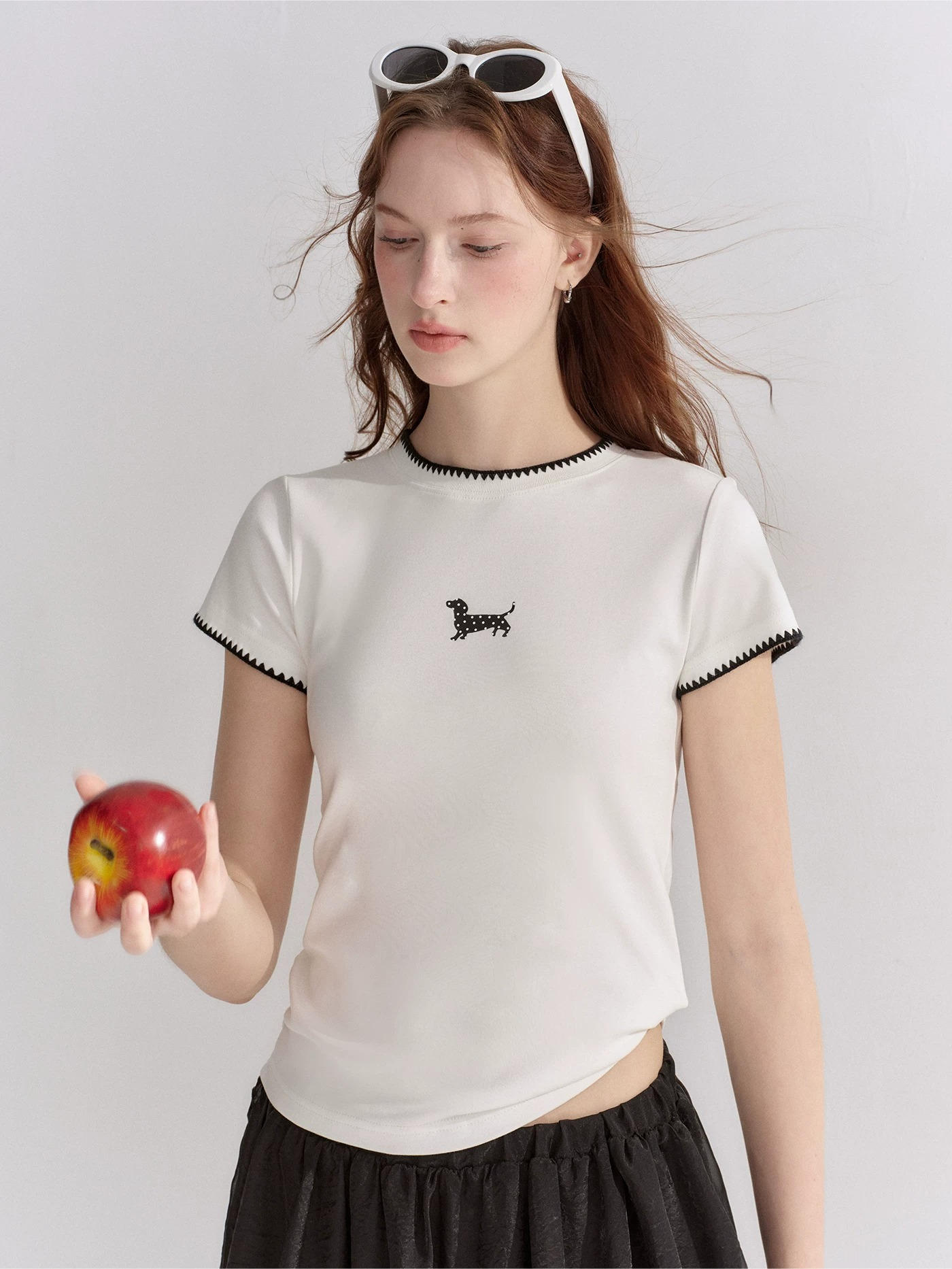 Contrast Trim Polka-Dot Dog Fitted T-Shirt