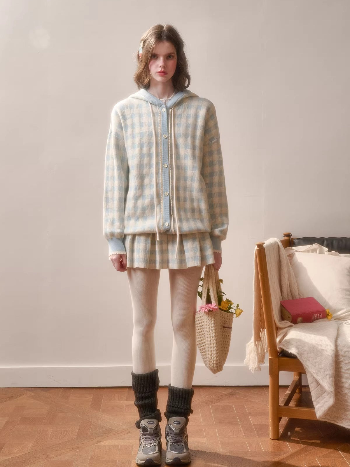 Plaid Contrast Jacket &amp; Pleated Skirt Set