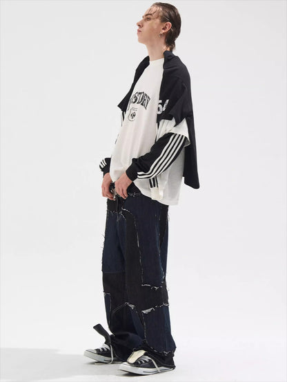 Faded Print Layered-Effect Patchwork Long Sleeve T-Shirt