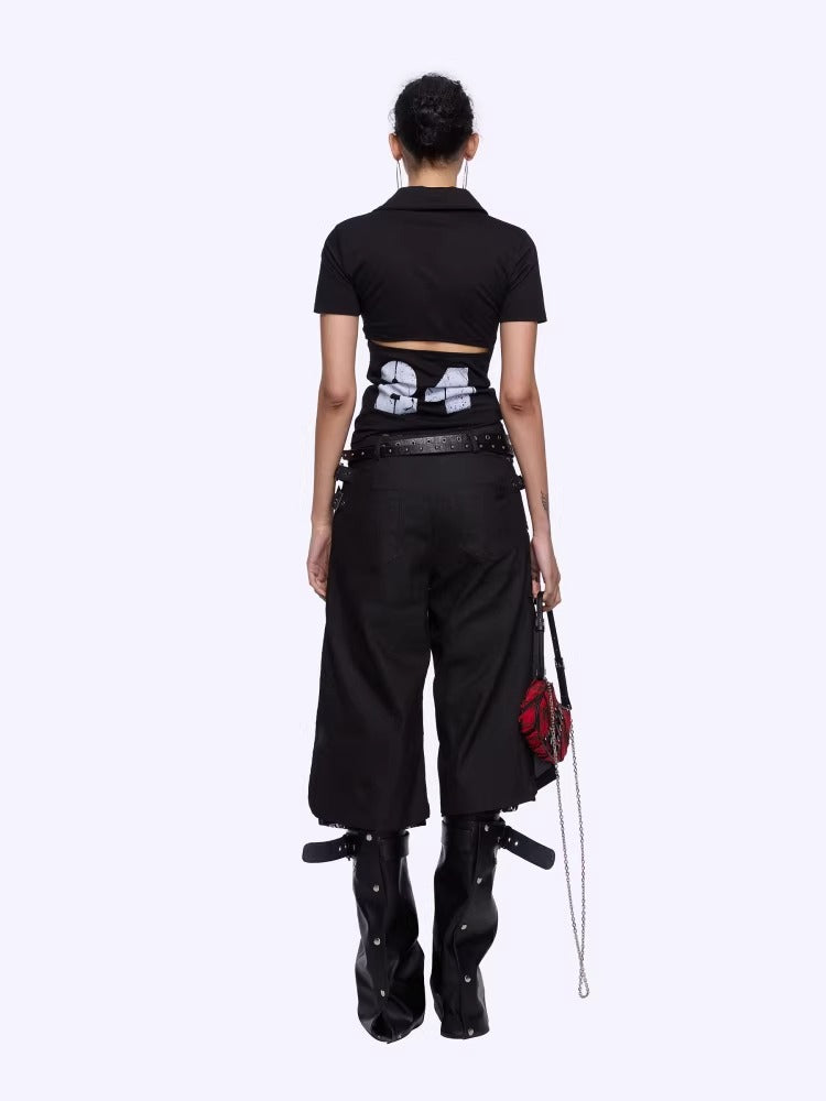 Backless Letter Print Lace-Trim Polo T-Shirt