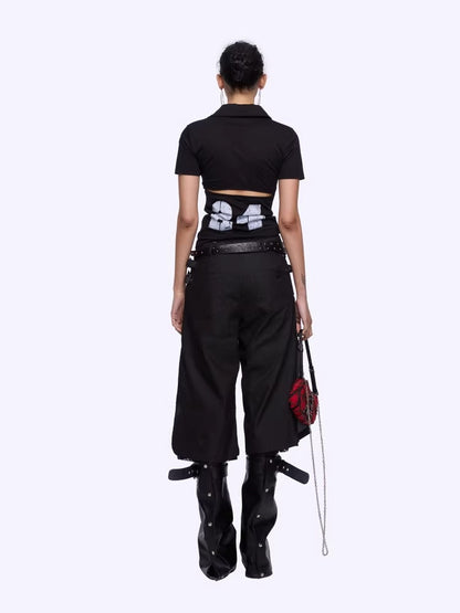 Backless Letter Print Lace-Trim Polo T-Shirt