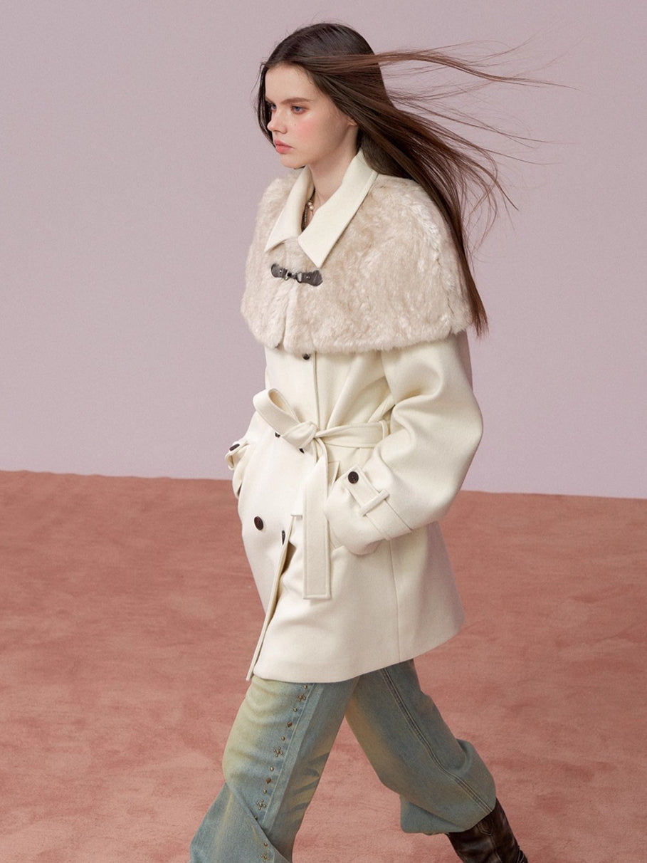 Faux-Fur Cape-Style Wool Coat