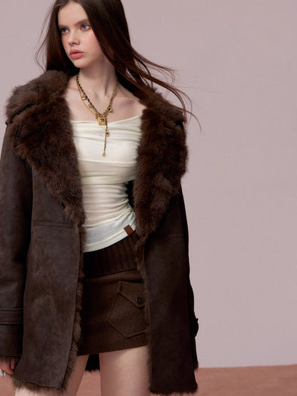 Faux Shearling-Lined PU Belted Coat