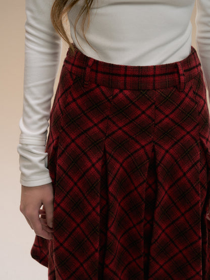 Vintage Red Plaid Wool Christmas Pleated Skirt