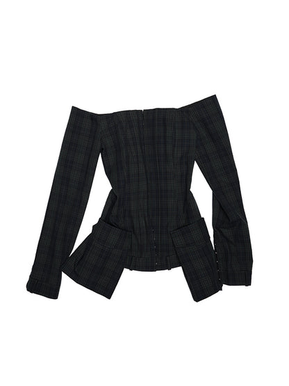 Green Check Off-Shoulder Plaid Blazer