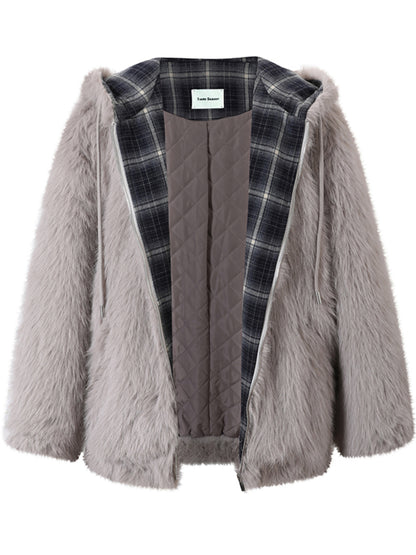 Plaid Spliced Eco-friendly Faux Fur Coat