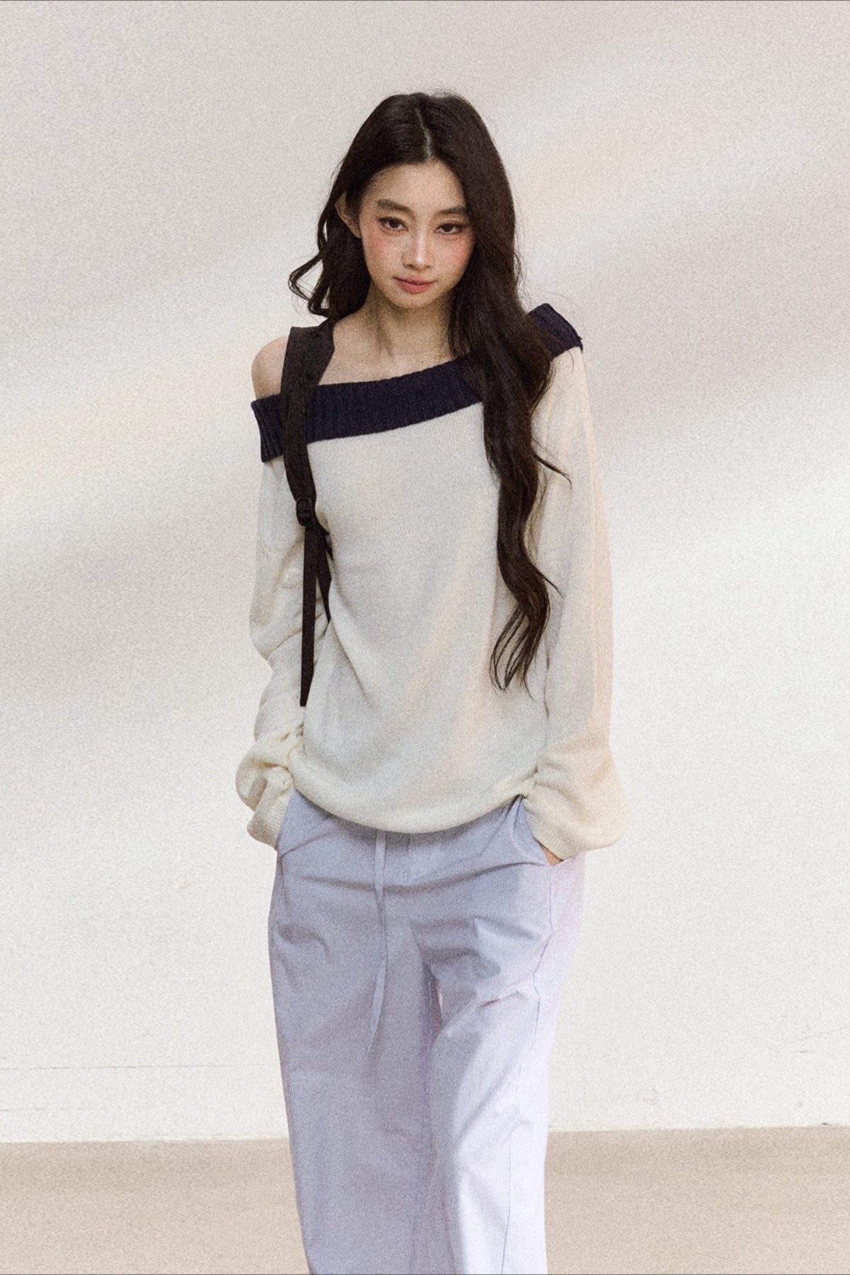 Two-Tone Asymmetric Off-Shoulder Knit Sweater
