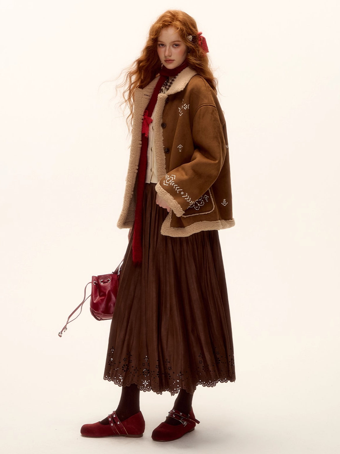 Heavy Embroidered Faux Shearling Suede Jacket